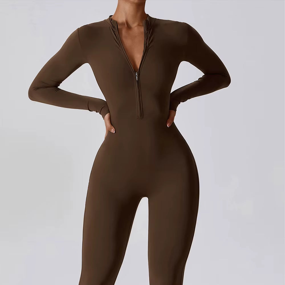 Women'S Jumpsuits One-Piece Suit Zipper Long Sleeved Yoga Set Gym Push up Workout Clothes Fitness Bodysuit Sportswear Tracksuit