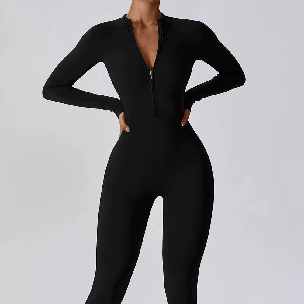 Women'S Jumpsuits One-Piece Suit Zipper Long Sleeved Yoga Set Gym Push up Workout Clothes Fitness Bodysuit Sportswear Tracksuit