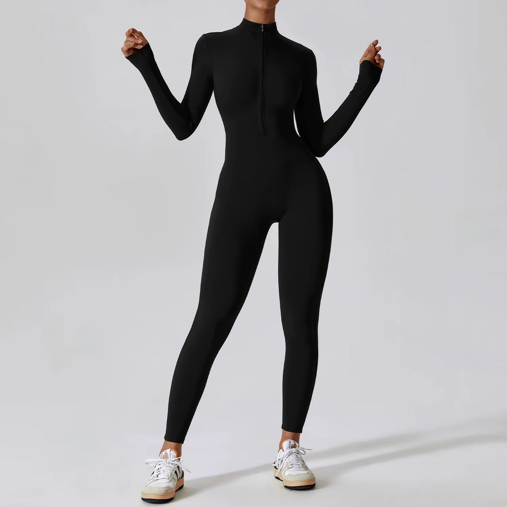Women'S Jumpsuits One-Piece Suit Zipper Long Sleeved Yoga Set Gym Push up Workout Clothes Fitness Bodysuit Sportswear Tracksuit